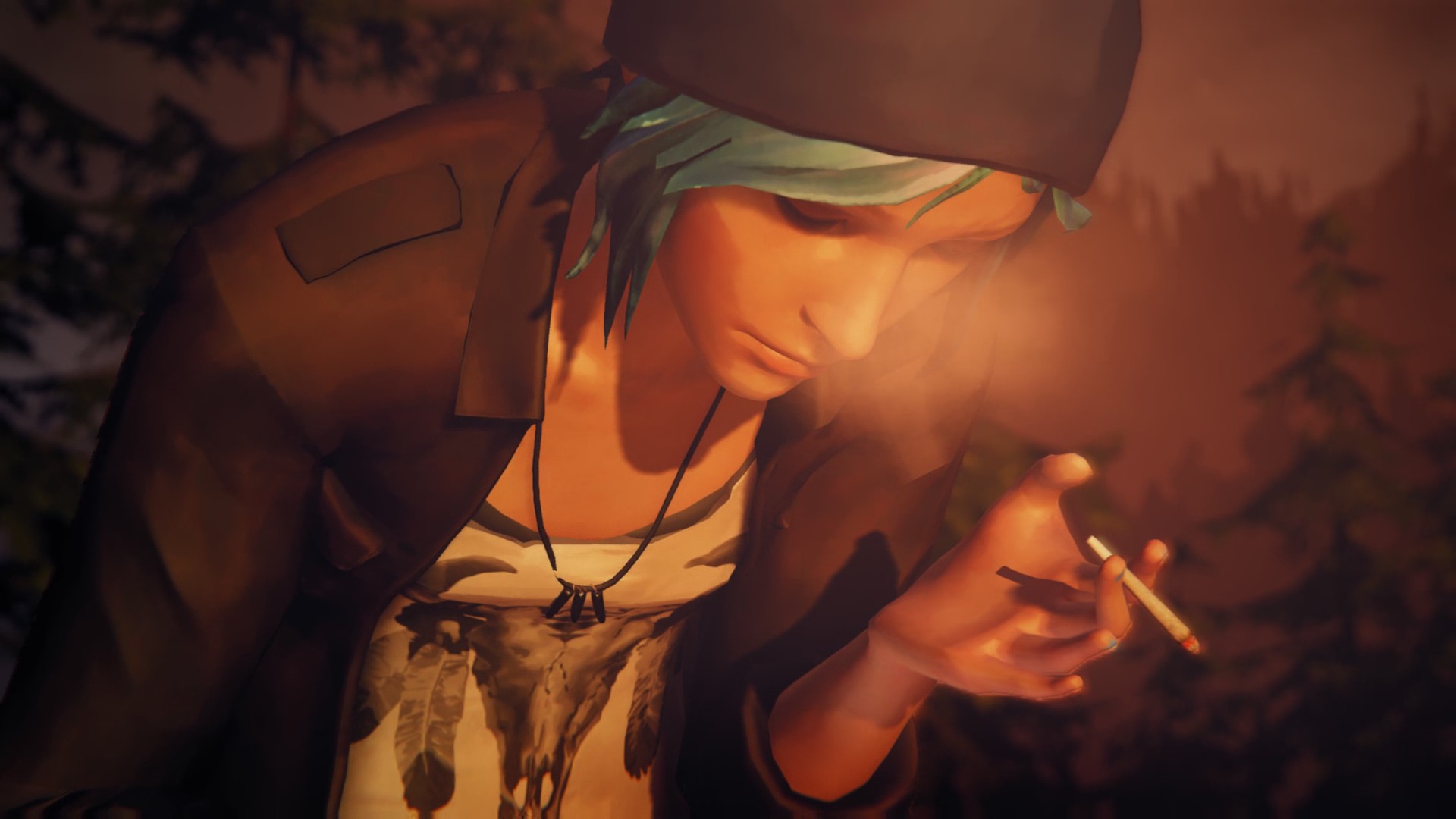 Chloé Price fume une cigarette sur le banc du phare d’Arcadia Bay.